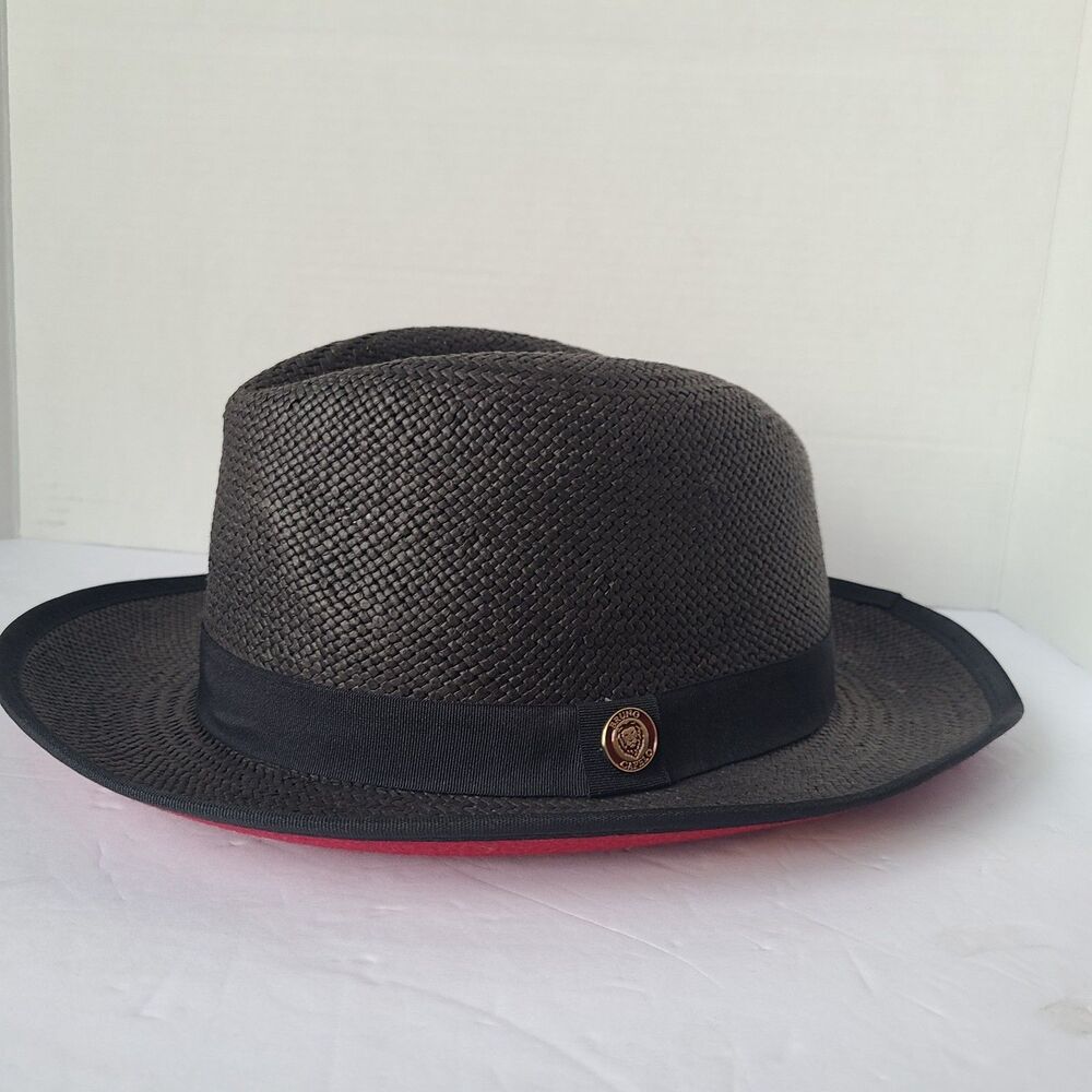 Bruno Capelo Fedora Hat 7 5/8 61cm Large Black Woven Straw Red Undervisor